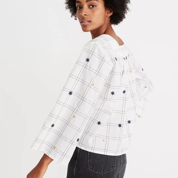 Madewell Tunic Embroidered Windowpane Square Neck Button Down Top XXS Cotton - Picture 2 of 7